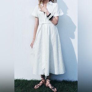 Zara woman collection embroidered White Eyelet midi Dress with belt size S